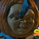 Chucky's head as a carved Halloween pumpkin.